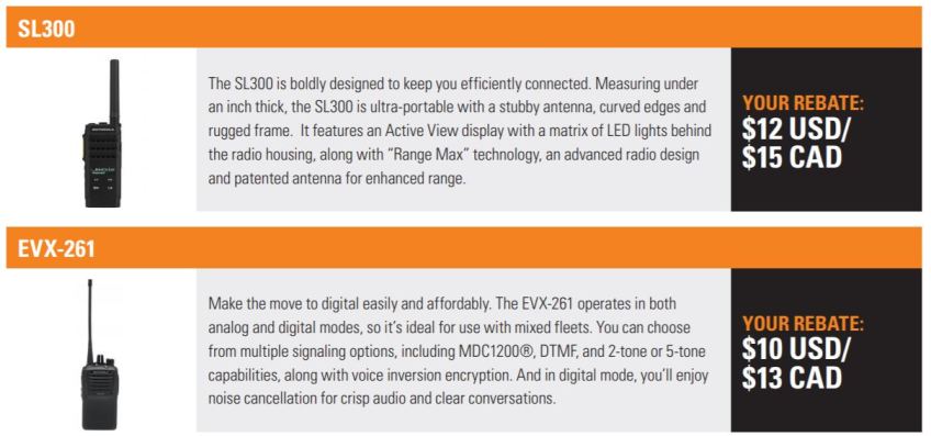 SL300, EVX-261 Rebates Per Radio